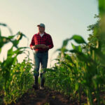 Man walking in cornfield holding a clipboard