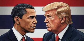 Illustration of Barack Obama and Donald Trump facing each other