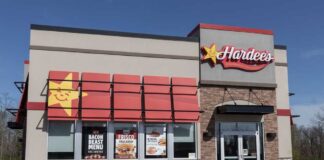 Exterior view of a Hardee's fast food restaurant with signage
