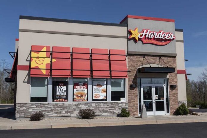 Exterior view of a Hardee's fast food restaurant with signage