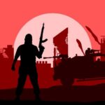 SLEEPER TERROR CELLS Awakened? Silhouette of a soldier with a weapon against a red sunset and a military vehicle