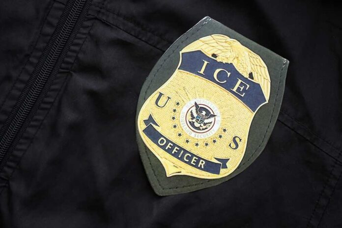 Close-up of an ICE officer badge on a black jacket