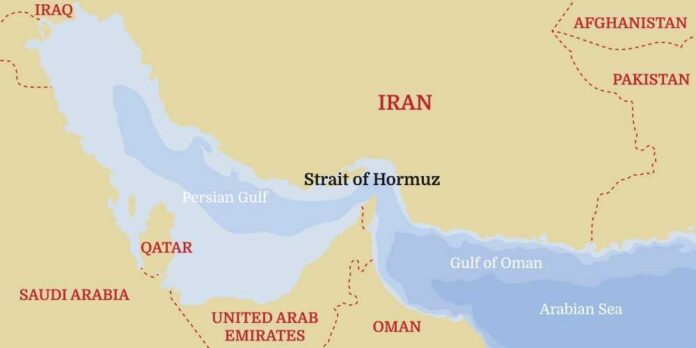 shutterstock_2748827503.jpg Map showing the Strait of Hormuz and surrounding countries