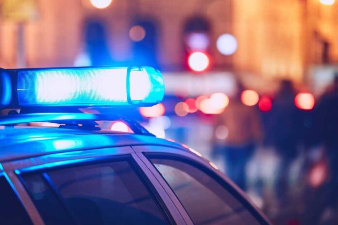 shutterstock_785605885.jpg Close-up of a police car with blue emergency lights in a city at night