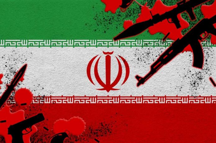 shutterstock_2302507899.jpg Artistic representation of the Iranian flag with military symbols