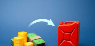 A stack of coins and bills next to a red fuel can