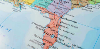 Close-up map of Florida and surrounding areas.