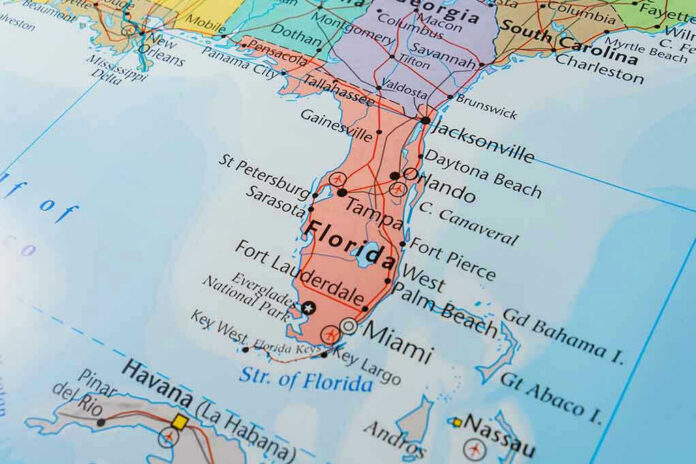 Close-up map of Florida and surrounding areas.