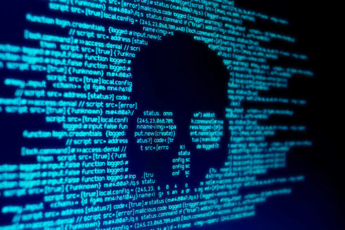 Skull silhouette in blue computer code background.
