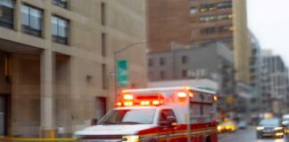 Ambulance with flashing lights driving on a wet city street