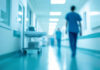 Blurred hospital corridor with medical staff walking