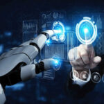 Human and robot interacting with virtual screen.