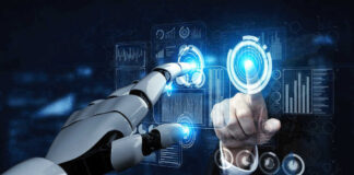 Human and robot interacting with virtual screen.